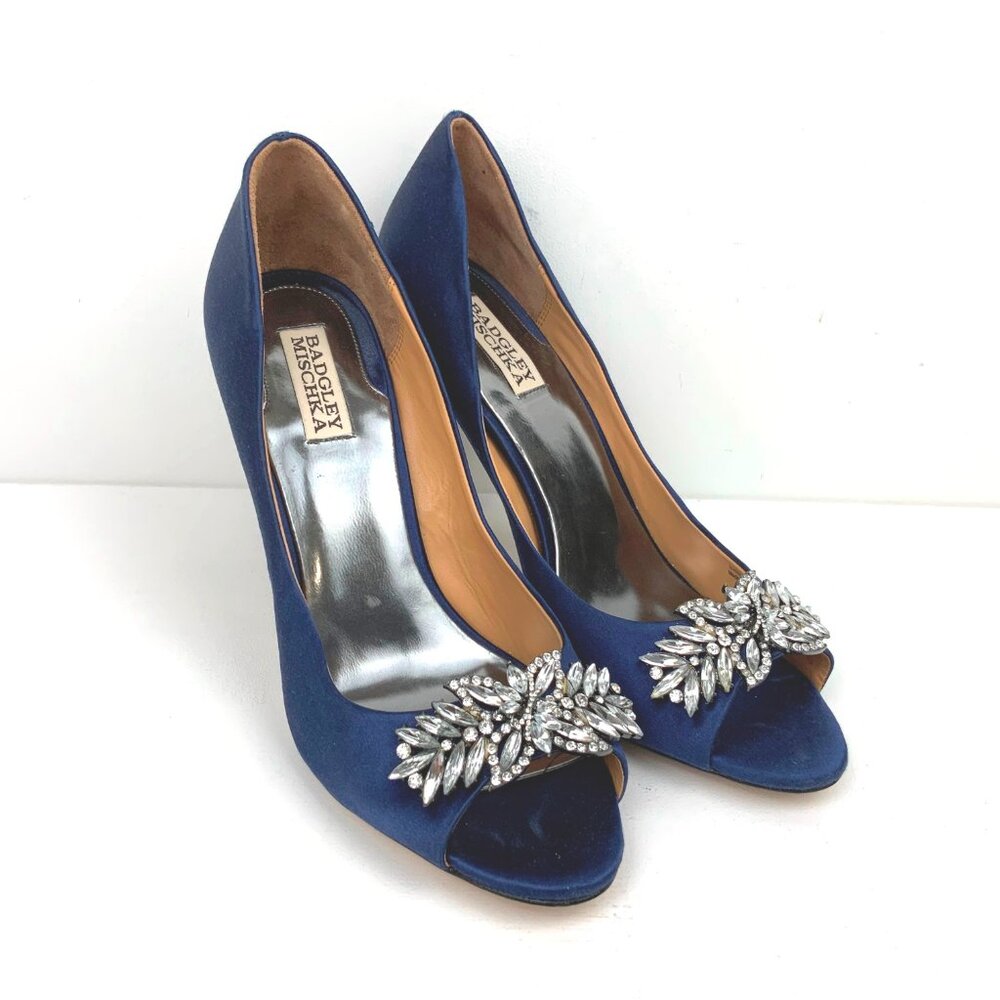 Badgley Mischka Blue Satin & Rhinestone Peep-Toe Formal Lux Pump Sz 10M - Picture 3 of 16